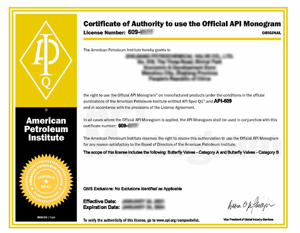 API 609 Certificate Sample