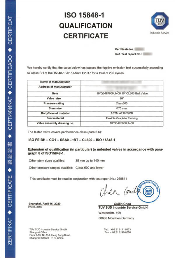 ISO 15848-1 fugitive emissions Certificates Sample