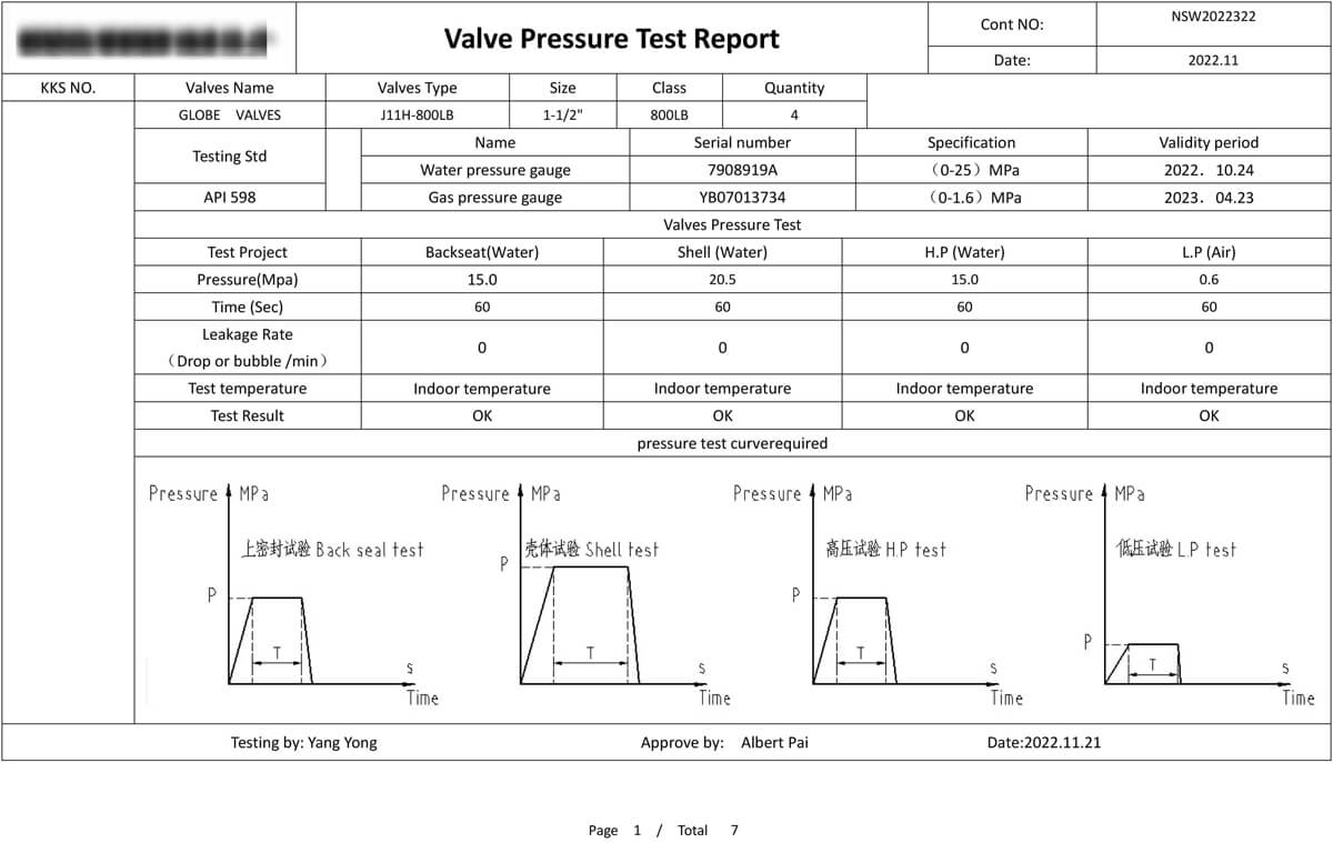Sample Report of Valve Pressure Test